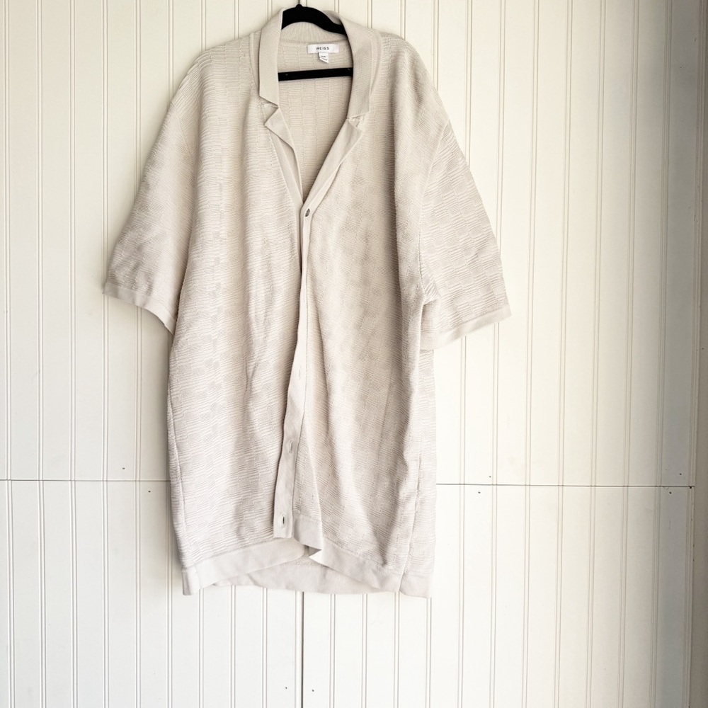 REISS Size XXL Men's Tan Beige Short Sleeve Collared Knit Button Down Shirt
